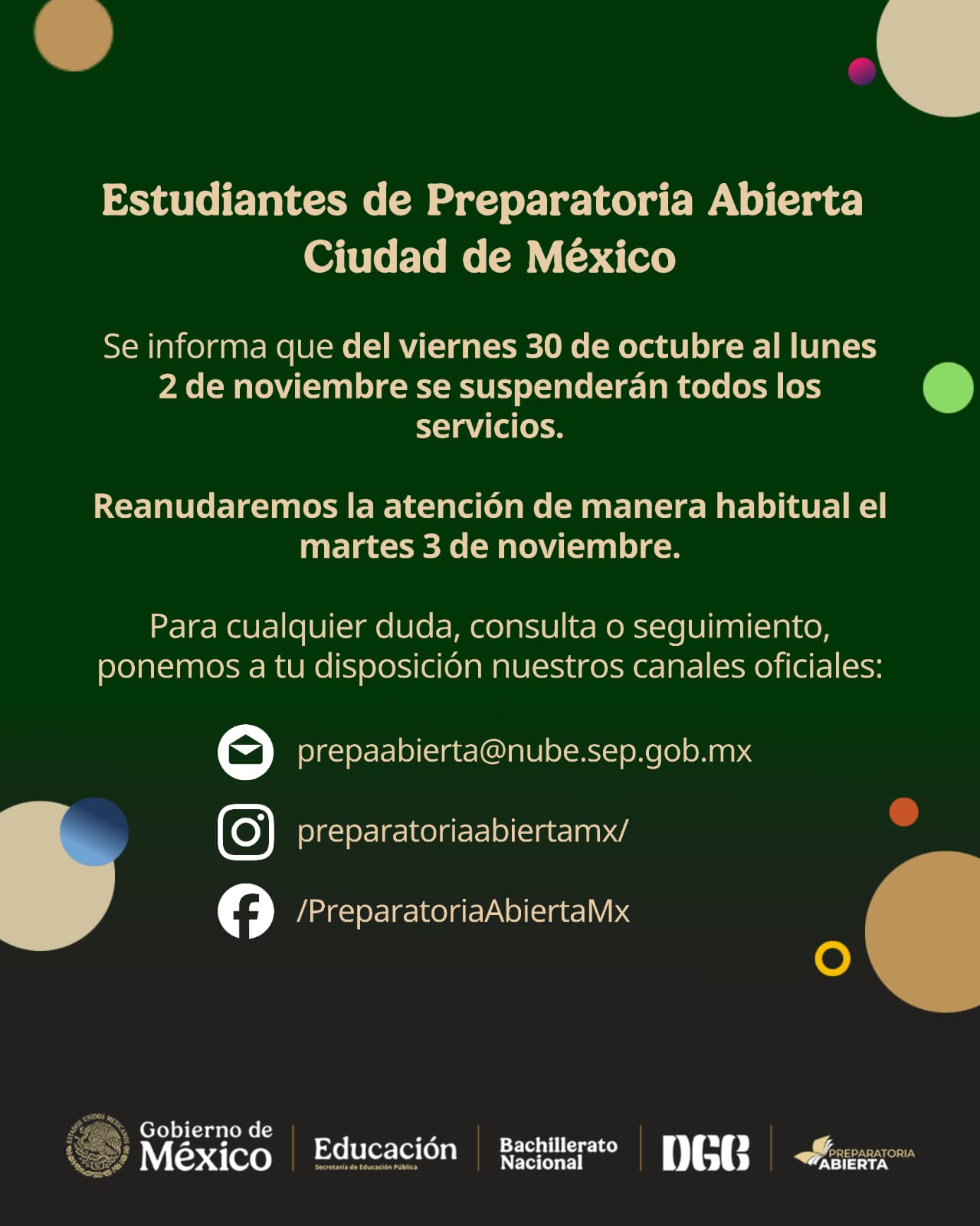 Aviso institucional de Preparatoria Abierta. Consulta la información relevante sobre trámites y convocatorias.