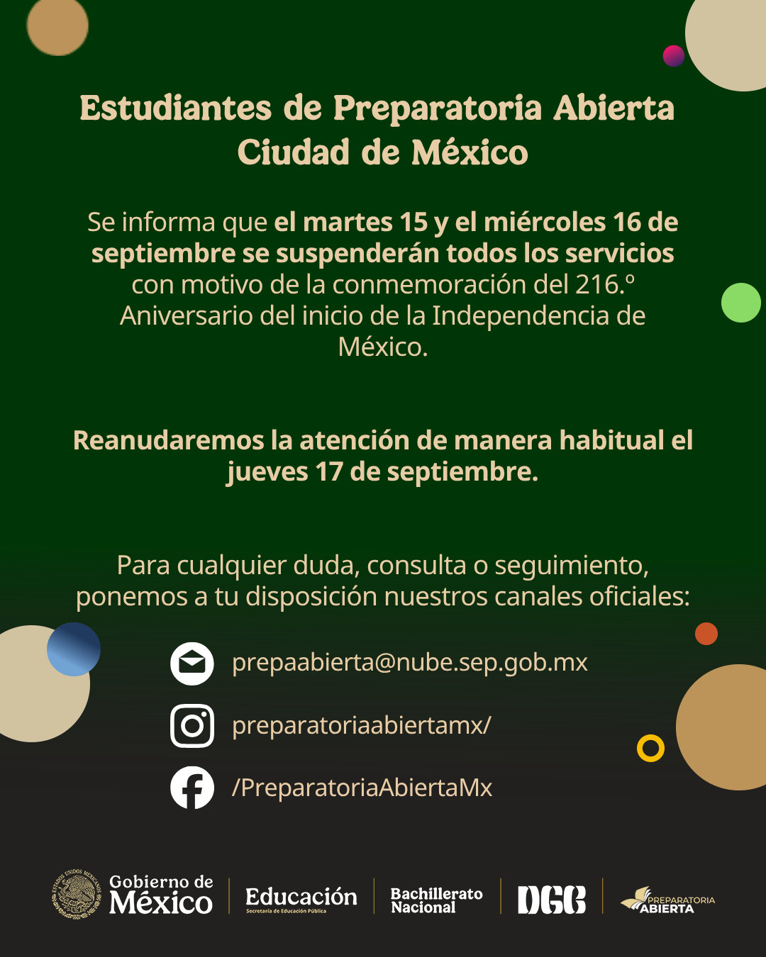 Aviso institucional de Preparatoria Abierta. Consulta la información relevante sobre trámites y convocatorias.